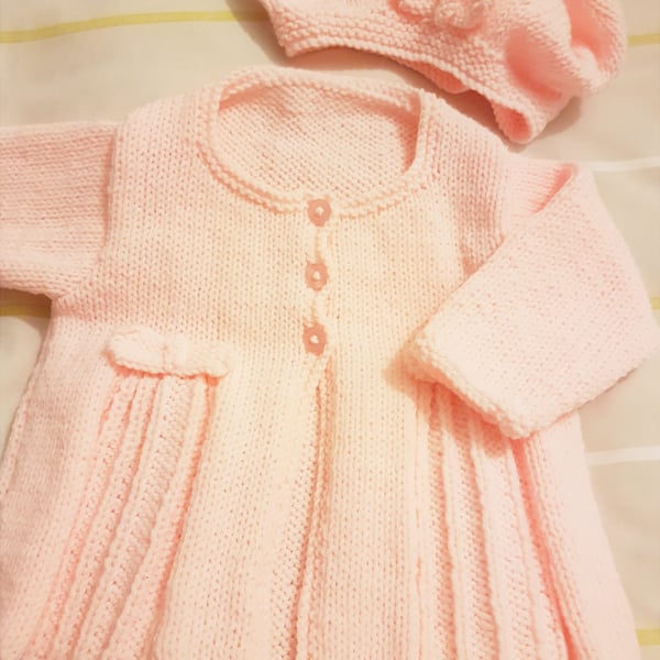 pink pleats and bows cardigan and matching hat