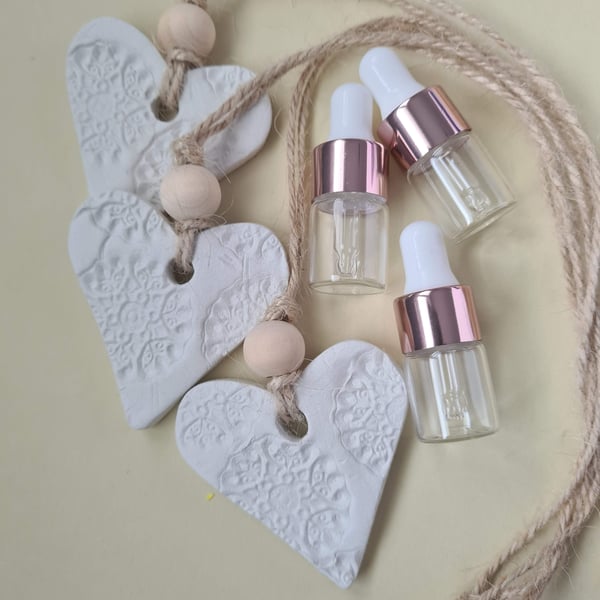 FREE DELIVERY set of 3 heart clay hanging decorations oil diffusers