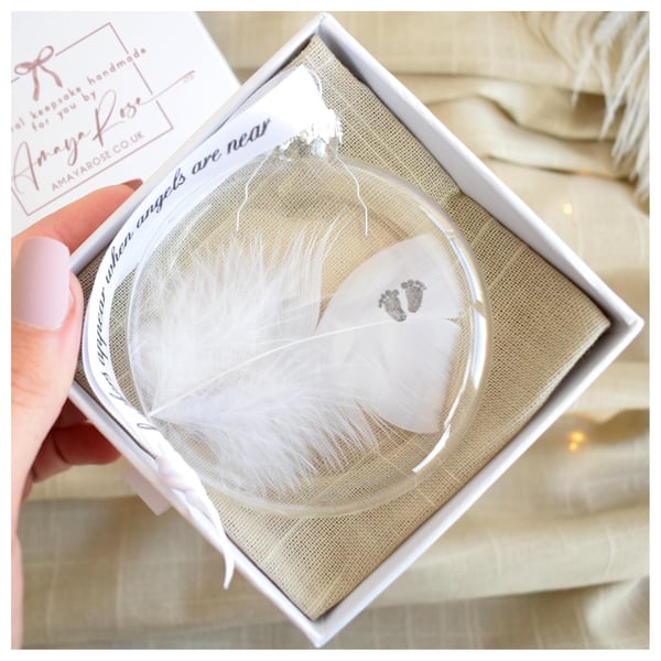 Baby Memorial Round Feather Bauble, Baby Feet Round Glass Christmas Ornament, Re