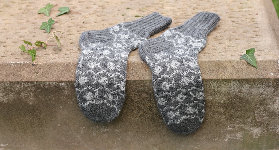 Hand knit men's socks, sheep wool, handmade brown with orange autumn winter