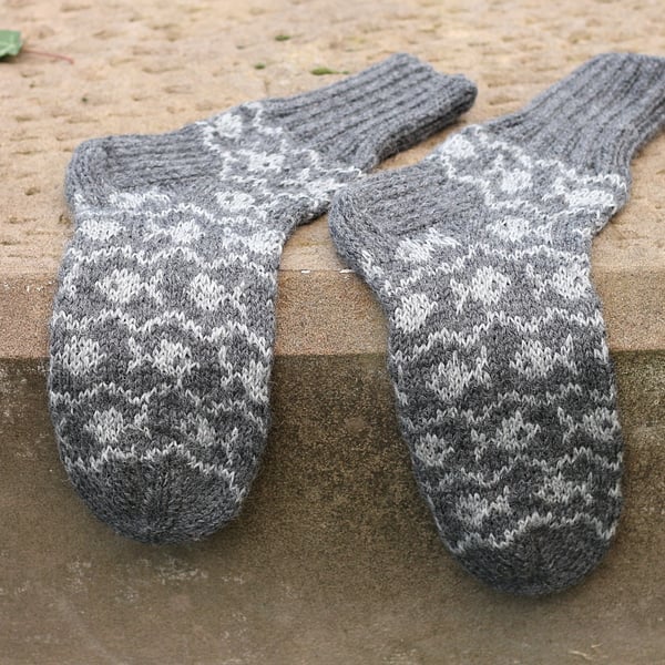 Hand knit men's socks, sheep wool, handmade brown with orange autumn winter