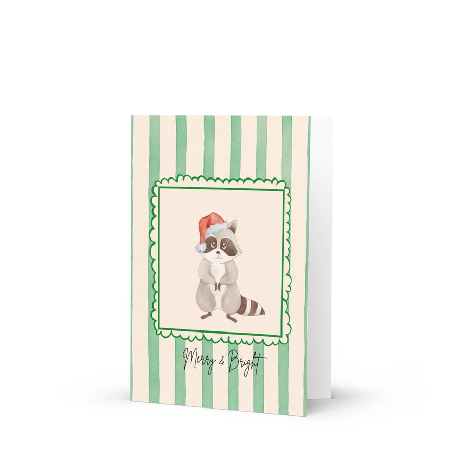 Watercolour Striped Merry and Bright Father Christmas Raccoon Greetings Card
