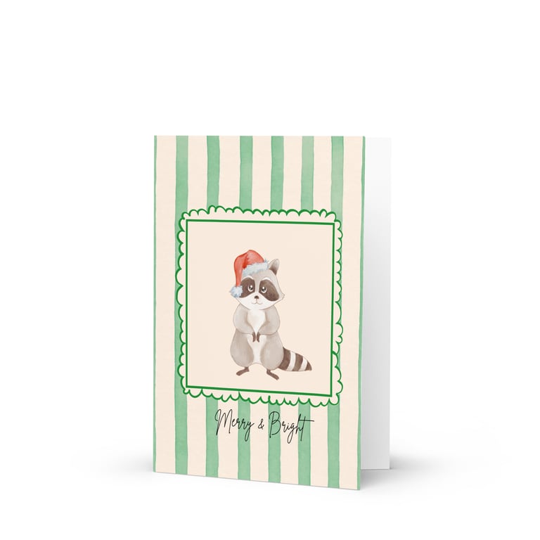 Watercolour Striped Merry and Bright Father Christmas Raccoon Greetings Card