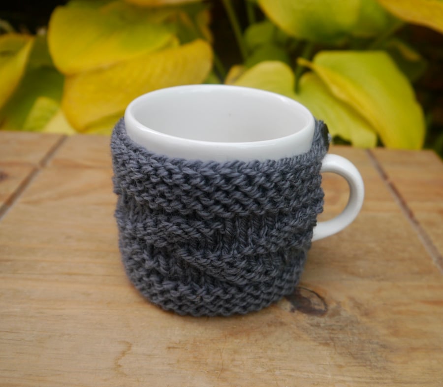 Wool Aran Mug Cosy, Grey Leaf Cup Cozy