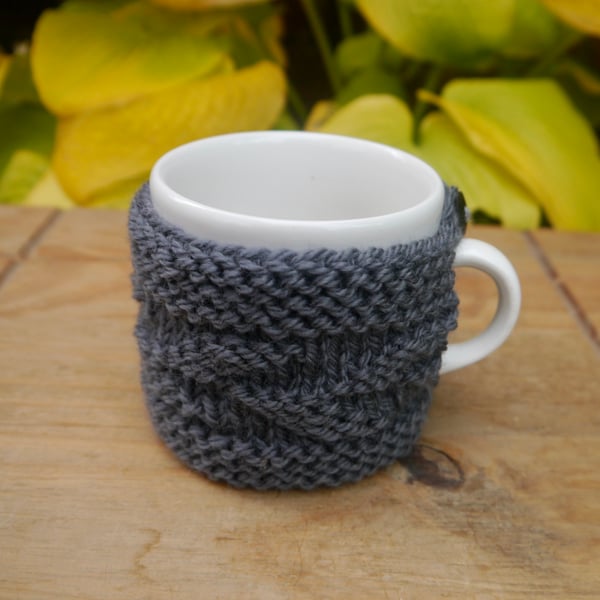 Wool Aran Mug Cosy, Grey Leaf Cup Cozy