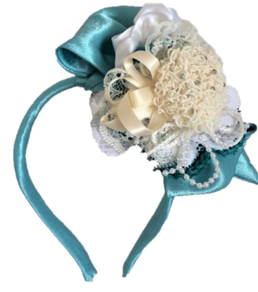 Fascinator headband, large bow turquoise Satin Hat Races Ladies Day Ascot