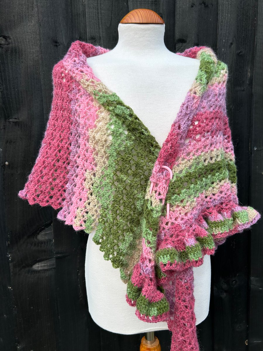 Asymmetrical Pink & Green Mohair Hand Knitted Lace Wrap Shawl Scarf 