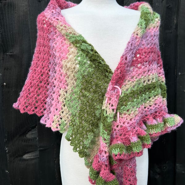 Asymmetrical Pink & Green Mohair Hand Knitted Lace Wrap Shawl Scarf 