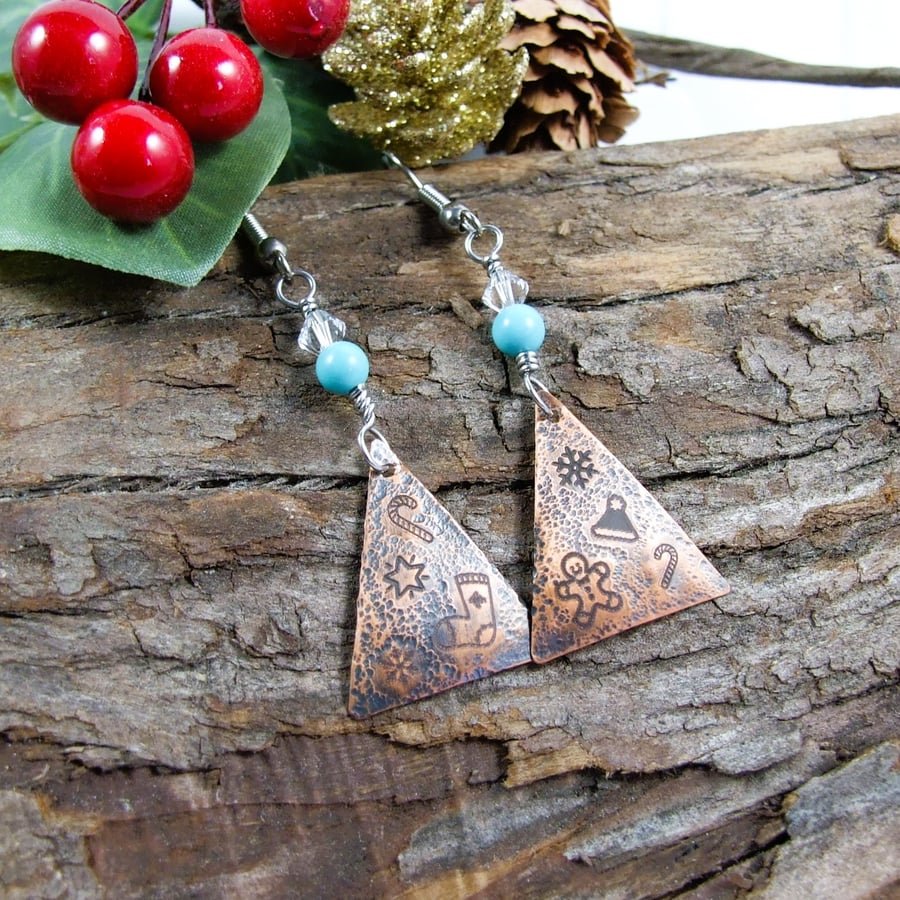 Earrings, Christmas Tree Copper & Turquoise Droppers - Hypoallergenic Ear Wires