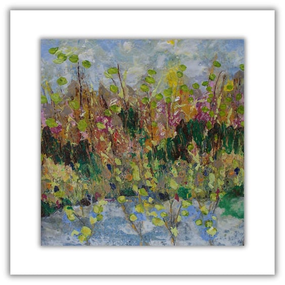 A framed encaustic landscape painting - river - wildflowers - oil and wax