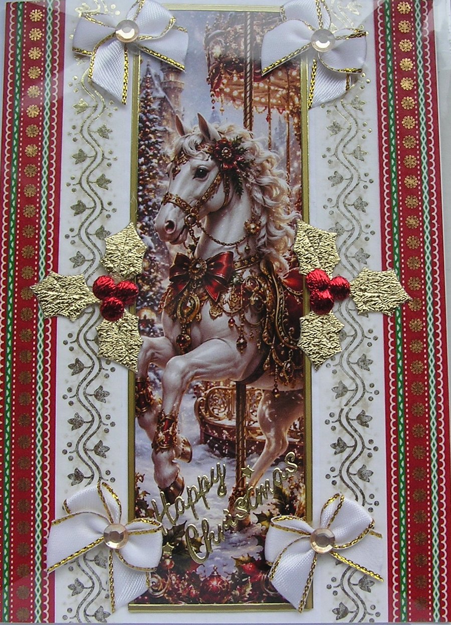 Hand Crafted Decoupage Chistmas Card - Happy Christmas (3396) - Fairground Pony