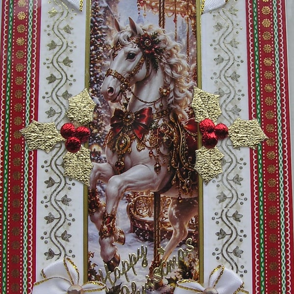 Hand Crafted Decoupage Chistmas Card - Happy Christmas (3396) - Fairground Pony