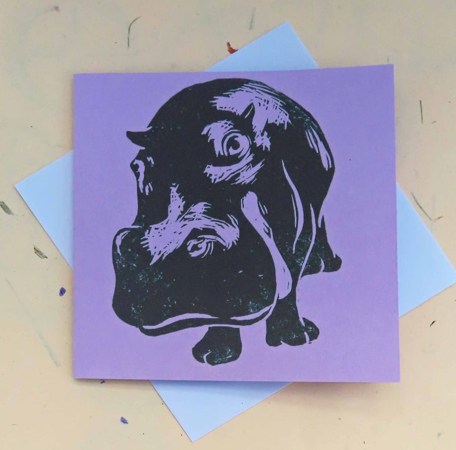 Hippo Art Greeting Card From Original Lino Cut Print