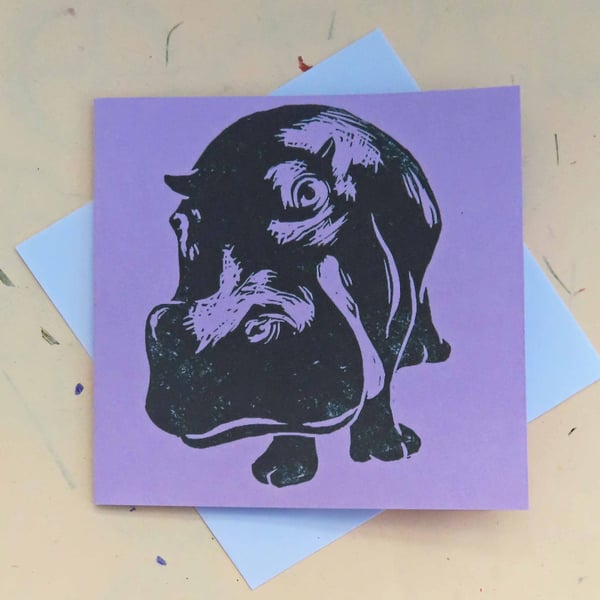 Hippo Art Greeting Card From Original Lino Cut Print