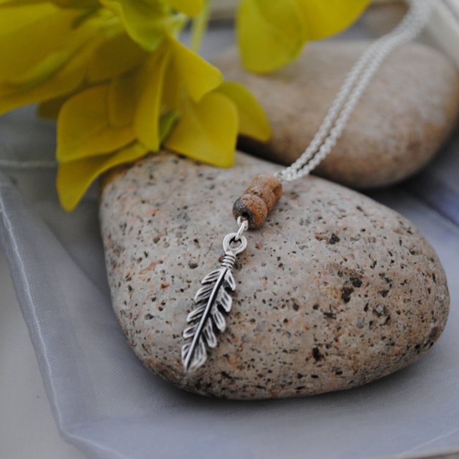 Picture Jasper & antique silver leaf long layering necklace