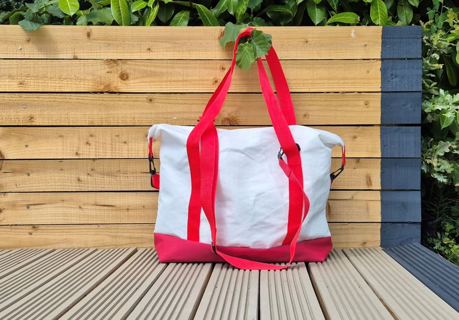 Upcycled Sailcloth Travel Bag - Large Weekender Tote with Canvas Base