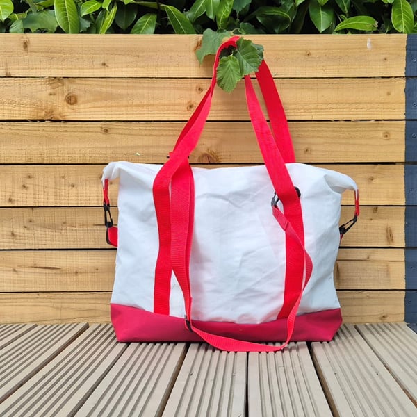 Upcycled Sailcloth Travel Bag - Large Weekender Tote with Canvas Base