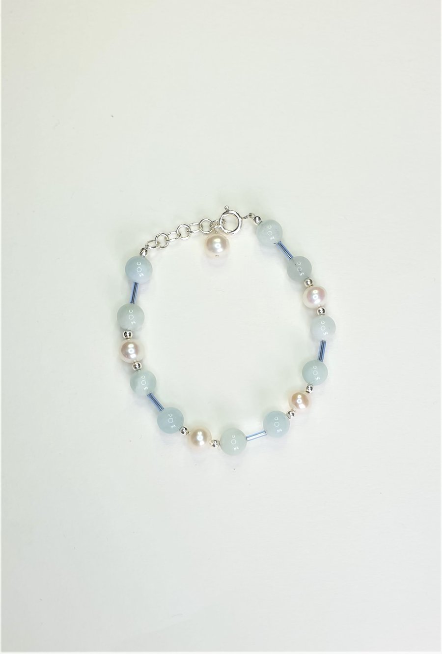 Aquamarine, Freshwater Pearl and Sterling Silver extendable Bracelet