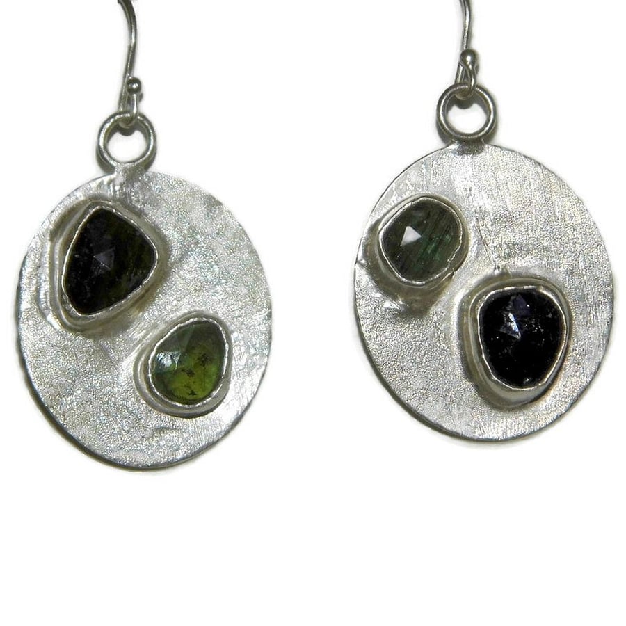 Green tourmaline and sterling silver disc earrings