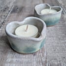Perfectly imperfect Pair of white and turquoise ceramic heart tealight holders