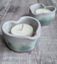 Perfectly imperfect Pair of white and turquoise ceramic heart tealight holders