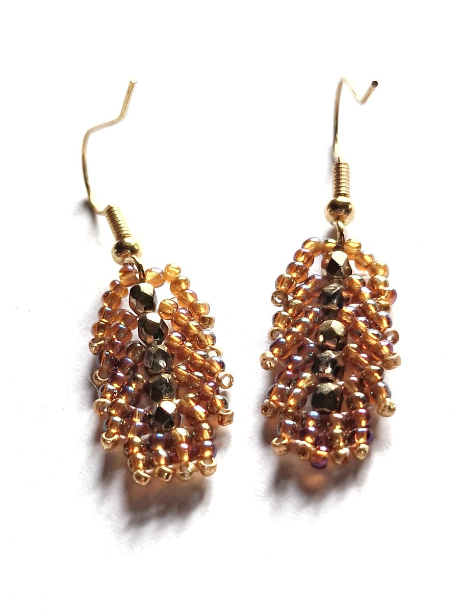 Gold peach and pearl St Petersburg weave beaded earrings