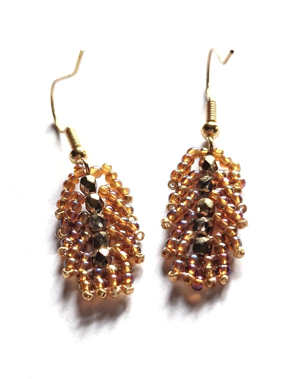 Gold peach and pearl St Petersburg weave beaded earrings