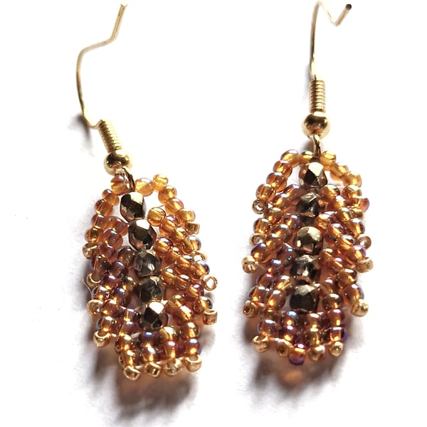 Gold peach and pearl St Petersburg weave beaded earrings
