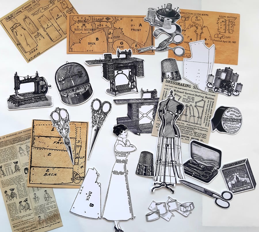 Vintage dressmaking and sewing die cuts, vintage ephemera, junk journal supplies