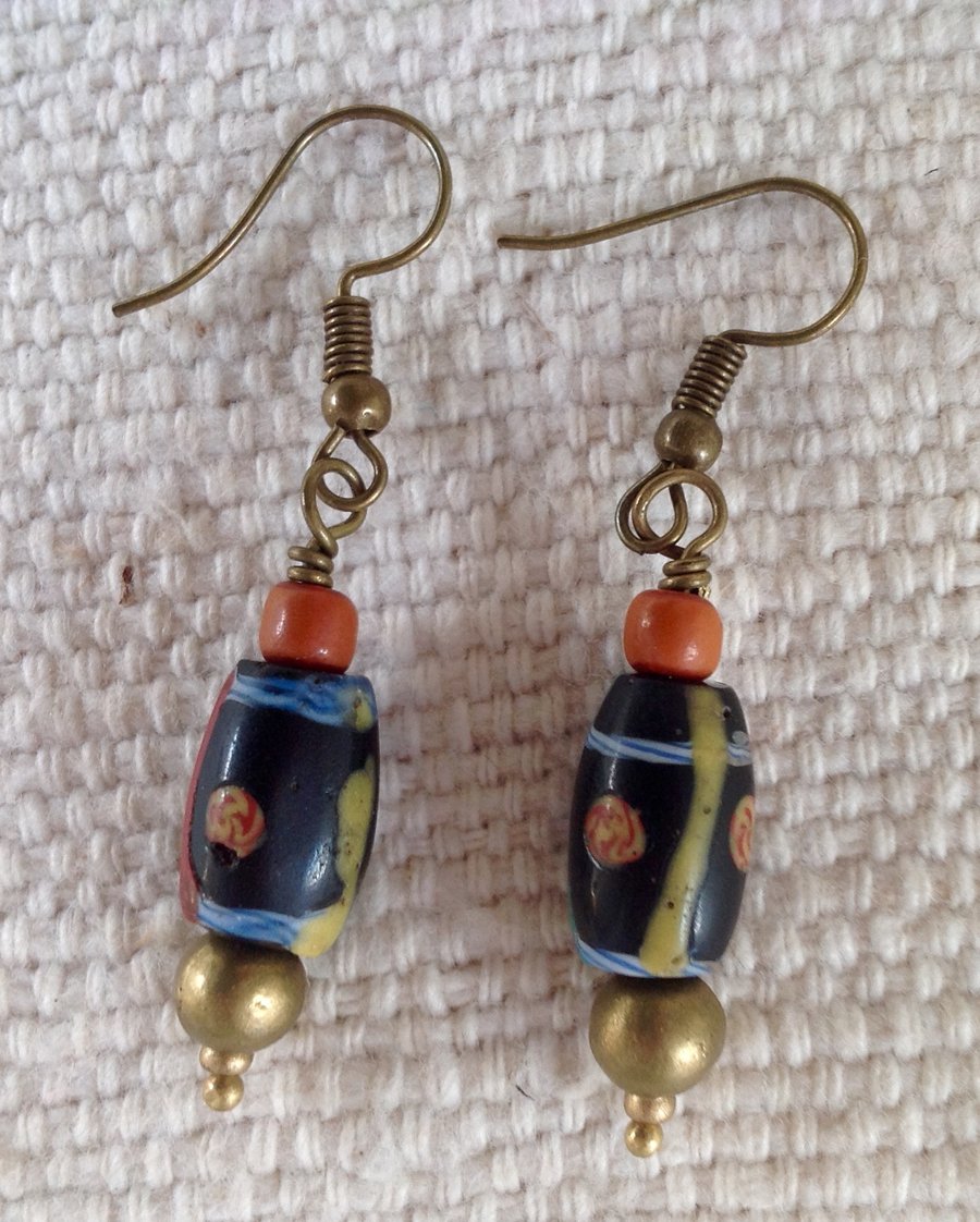 Rare black antique trade bead earrings with brass rounds