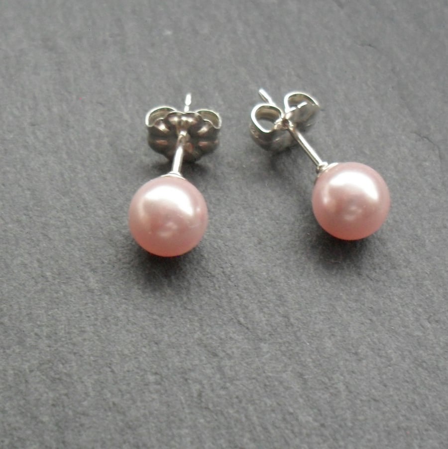 Pink Pearl Sterling Silver Stud Earrings With Crystal Pearls From Swarovski 