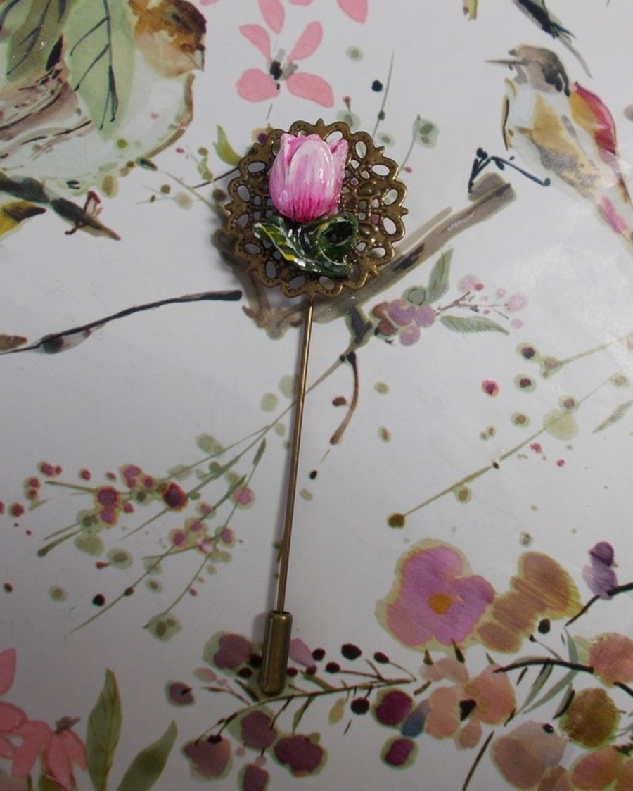 Pastel PINK TULIP PIN Bronze Tone Filigree 3D Wedding Lapel Flower HAND PAINTED