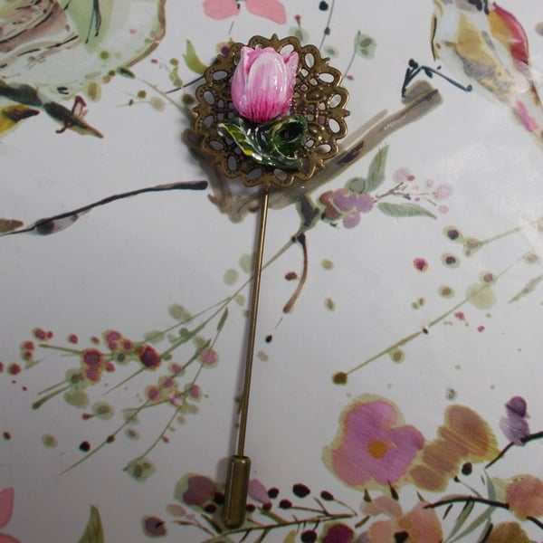 Pastel PINK TULIP PIN Bronze Tone Filigree 3D Wedding Lapel Flower HAND PAINTED
