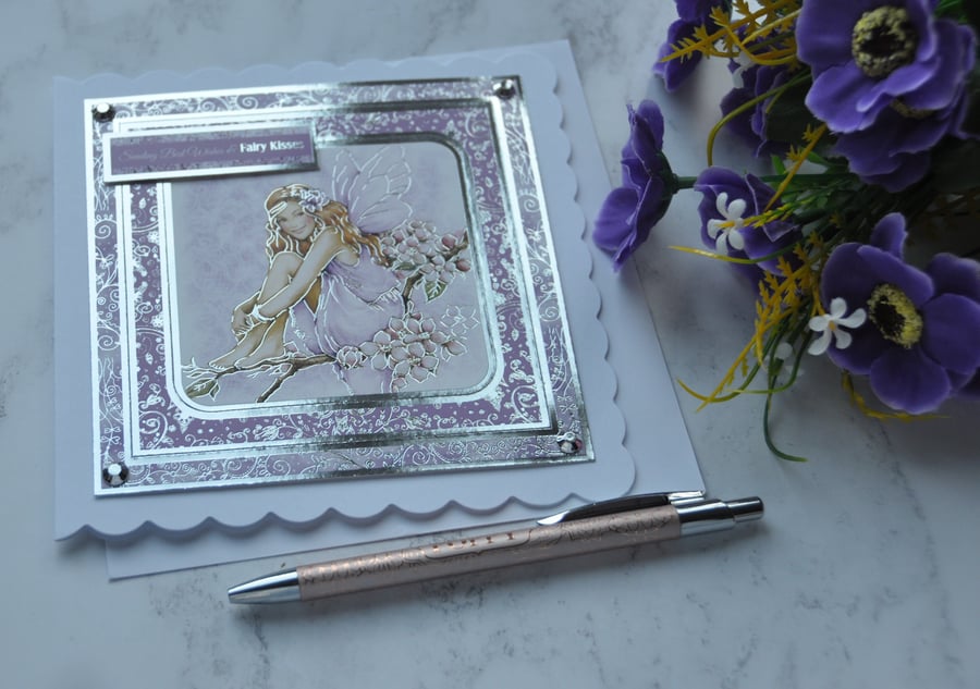 Fairy Birthday Card Purple Cherry Blossom Best Wishes Kisses 3D Luxury Handmade 
