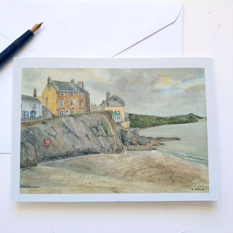 Blank greetings card A5 Cawsand Beach Cornwall from original watercolour