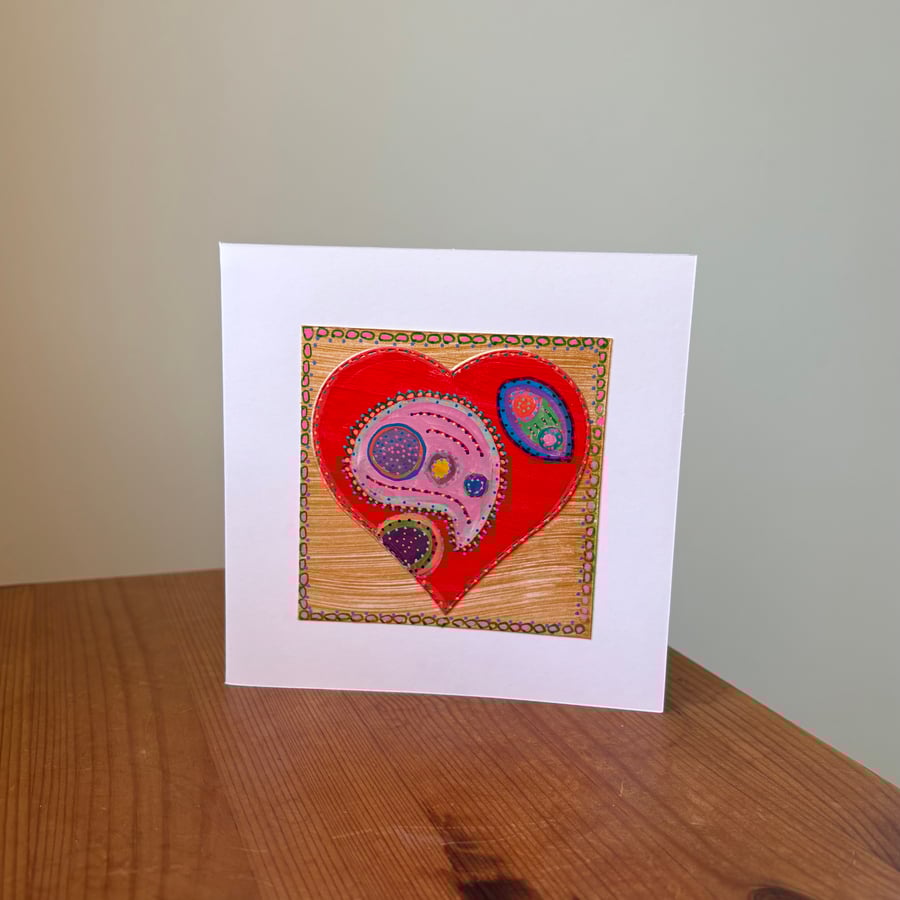 Hand painted collage card - ‘Paisley Heart No.4’