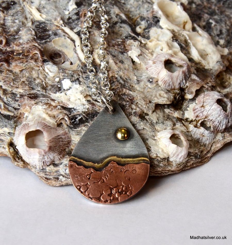 Silver and copper teardrop shape beach pendant, beach jewellery, coast