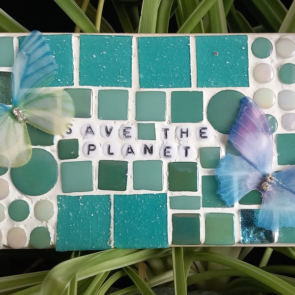 Save the Planet mosaic wall plaque with butterflies.