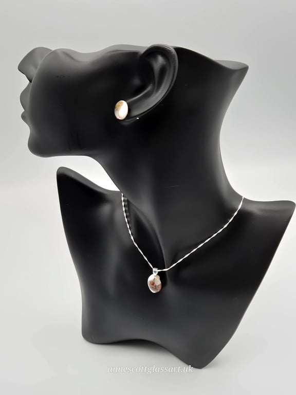 Brown and White Fused Glass Stud Earrings and Pendant Set