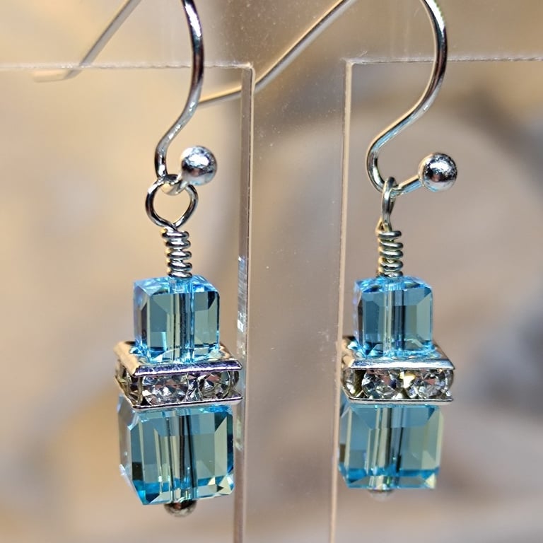 Glass Crystal earrings, blue and silver