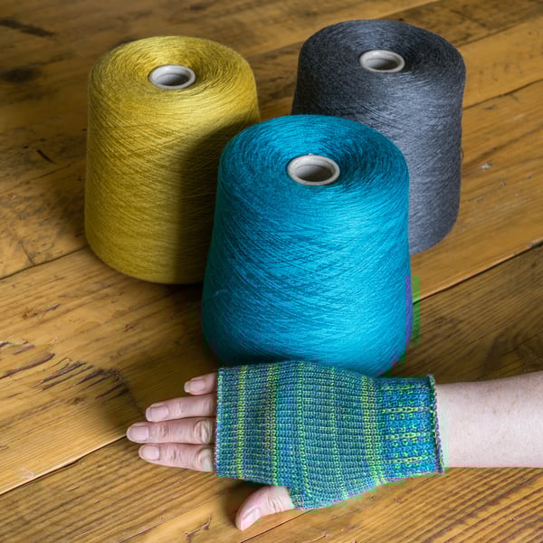 Merino wool fingerless gloves. Wrist Warmers in turquoise, mustard and grey