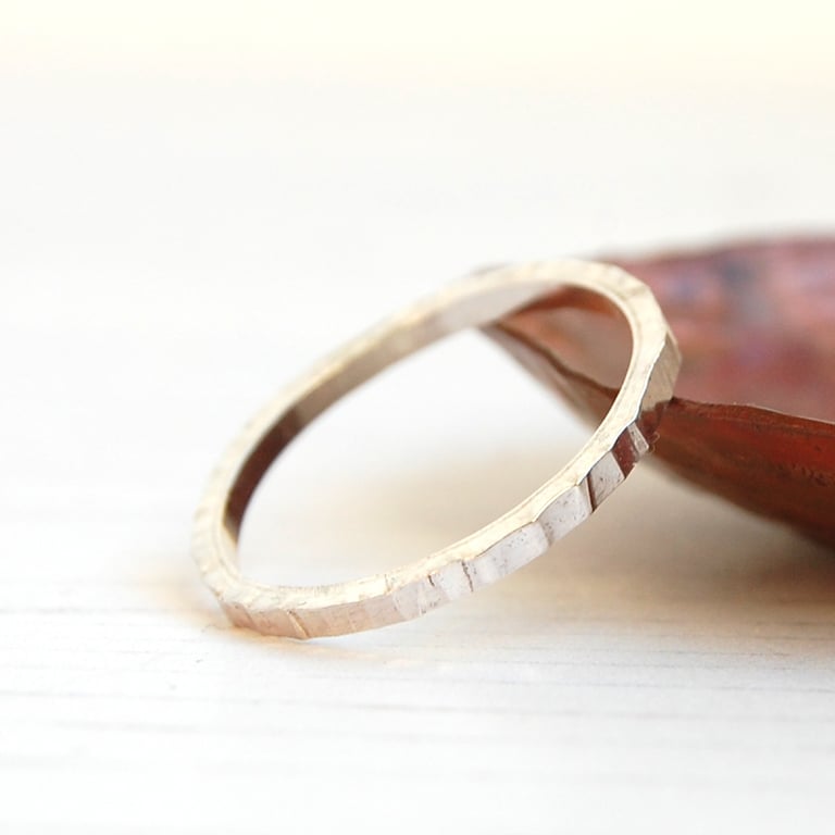 Tree bark textured square band silver stacking ring