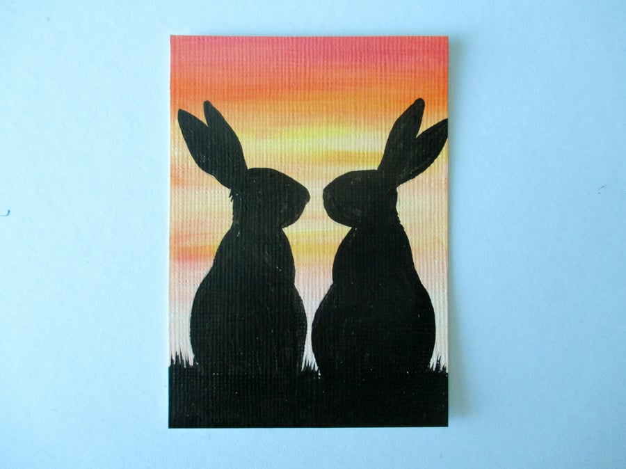 ACEO miniature original painting of a bunny rabbit art picture SFA Silhouette