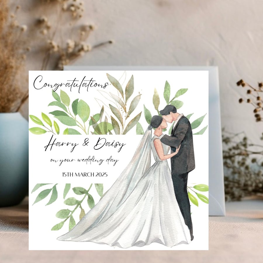 First Kiss, Personalised watercolour Wedding Day Card for the Bride and Groom
