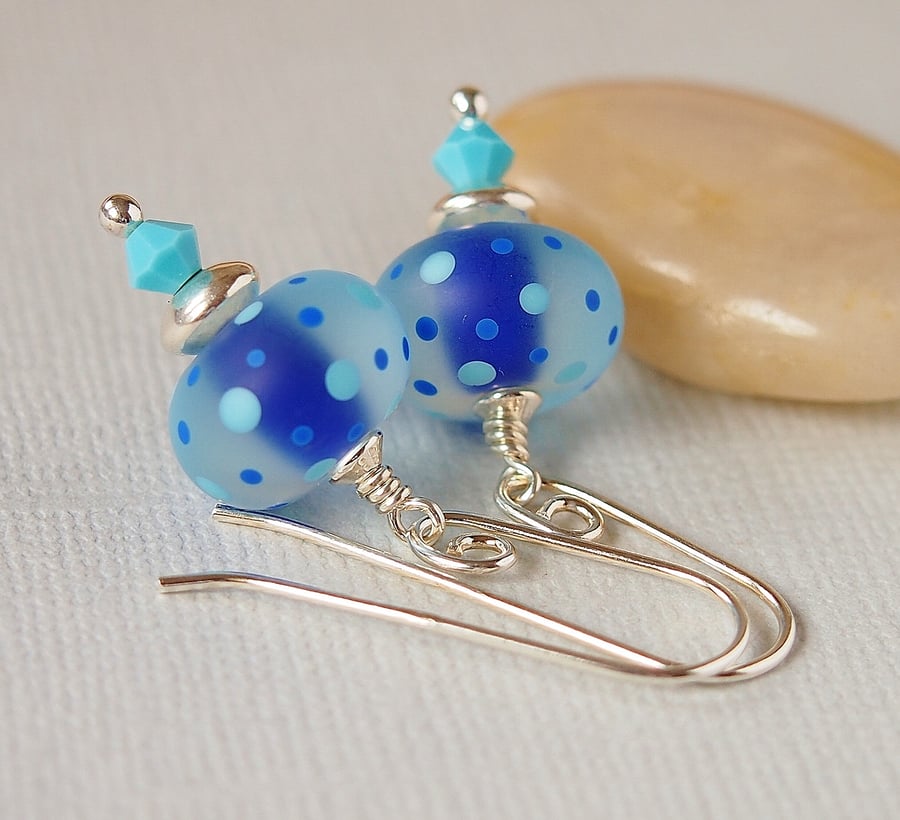 Blue Polka Dot Lampwork Glass Bead Earrings, Sterling Silver