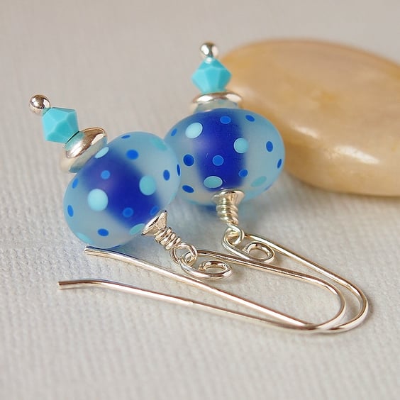 Blue Polka Dot Lampwork Glass Bead Earrings, Sterling Silver