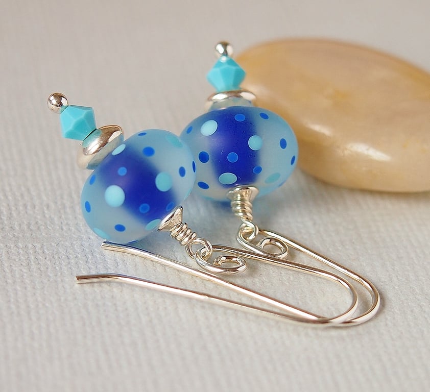 Blue Polka Dot Lampwork Glass Bead Earrings, Sterling Silver