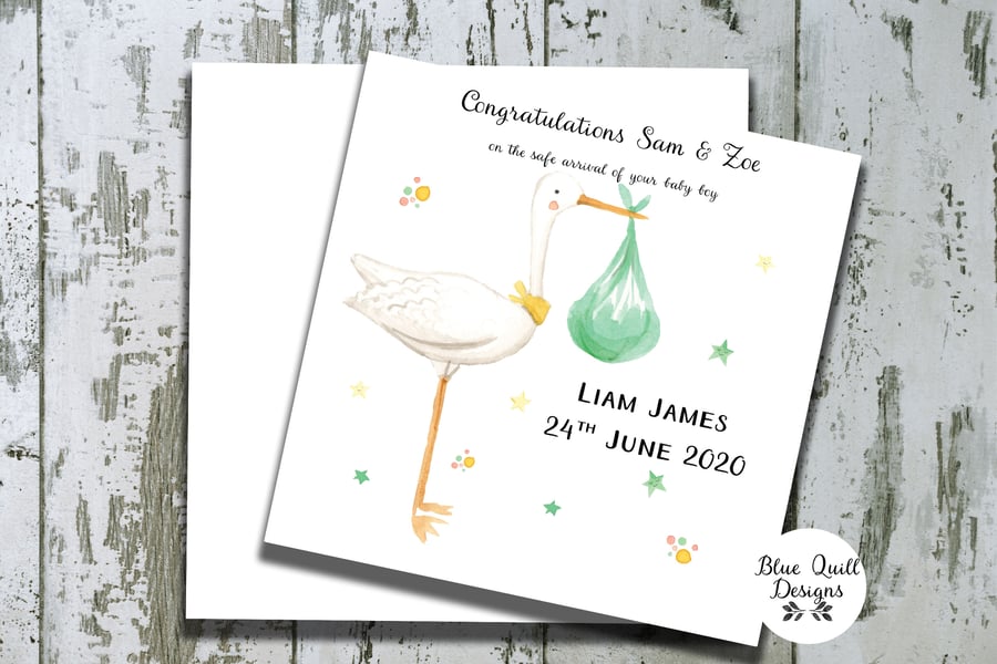 Personalised New Baby Card - Girl or Boy - Watercolour Print - Stork