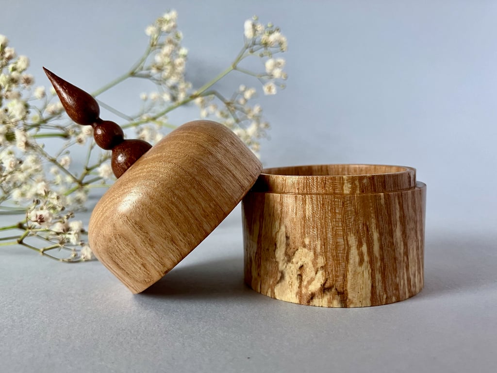 Elegant, hand-turned wooden ring box with mahogany finial.