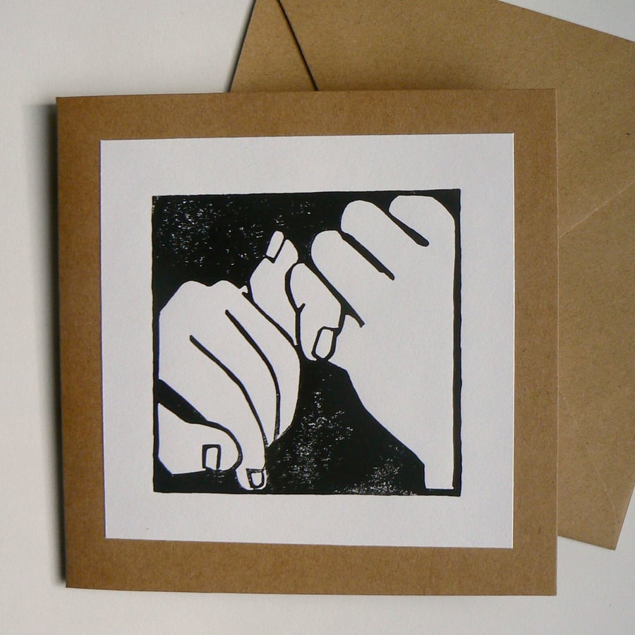 Pinkie promise, hand printed linocut card
